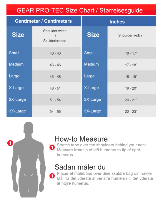 Gear Pro-Tec shoulder pad size chart